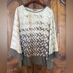 Roberta Freymann Silk Long Sleeve Tie-Dye Tunic Blouse in Brown & Cream Size L